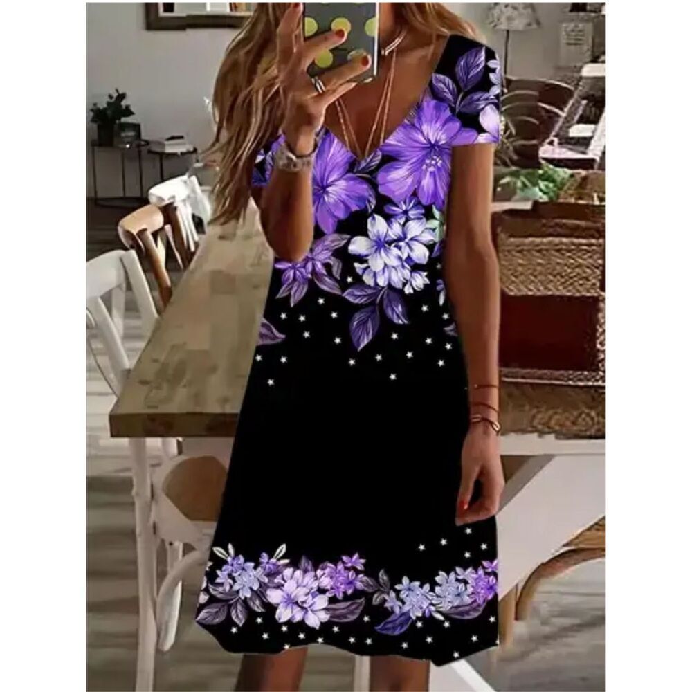 Women’s Bohemian Floral Print Mini Dress Size 3XL Black Purple Short Sleeve